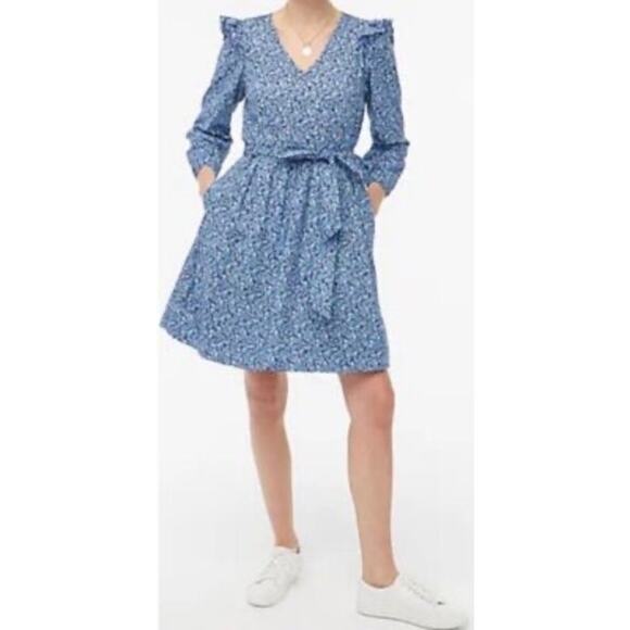 J. Crew Blue Floral Cotton Long Sleeve Mini Dress Size XL - Picture 2 of 10
